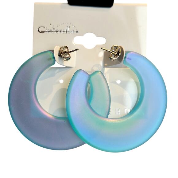 Blue Hoop Earring 1.7" Retro Bold Iridescent Y2K Festival Pierced 80's Statement - Picture 1 of 7